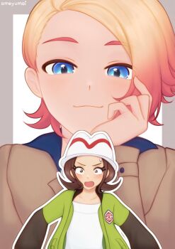 1boy 1girl ameyumei blonde_hair blue_eyes brown_hair brown_jacket closed_mouth commentary_request green_jacket hand_up harmony_(pokemon) hat head_rest highres jacket nintendo open_clothes open_jacket open_mouth outline pokemon pokemon_legends:_z-a shirt sidelocks smile sweatdrop upper_body urbain_(pokemon) white_hat white_shirt