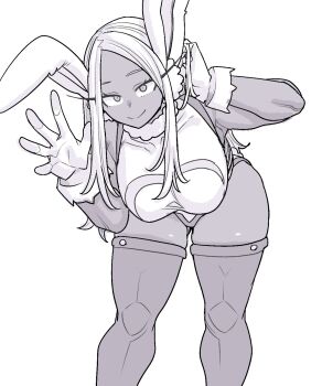 Rule 34 | 1girl, animal ears, arm behind head, bare shoulders, bent over, boku no hero academia, breasts, commentary request, covered collarbone, crescent print, fur collar, gloves, gluteal fold, greyscale, hand up, highleg, highleg leotard, highres, large breasts, leotard, long eyelashes, long hair, looking at viewer, mirko, monochrome, parted bangs, rabbit ears, rabbit girl, shosho oekaki, smile, solo, thick thighs, thighhighs, thighs, toned, toned female, very long hair