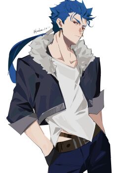 1boy artist_name belt belt_buckle black_gloves black_jacket blue_hair blue_pants brown_belt buckle closed_mouth cowboy_shot cropped_jacket cu_chulainn_(fate) cu_chulainn_(honkai:_star_rail)_(fate) cu_chulainn_(lancer)_(fate) earrings fate/stay_night fate_(series) frown fur-trimmed_jacket fur_trim gloves hair_slicked_back hands_in_pockets highres honkai:_star_rail honkai_(series) jacket jewelry kon_(konkon_1011) long_hair looking_at_viewer low_ponytail male_focus necklace open_clothes open_jacket pants ponytail red_eyes shirt signature simple_background solo twitter_username white_background white_shirt