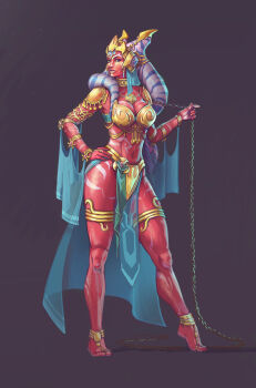 1girl absurdres alien anklet armlet armor bracelet breasts brown_background cleavage collar colored_skin face_piercing full_body gold_anklet gold_armlet gold_bracelet gold_thighlet hand_on_own_hip highres jewelry large_breasts navel nico_fari nose_piercing nose_ring pauldrons pelvic_curtain piercing red_skin septum_piercing shoulder_armor solo star_wars thighhighs thighlet togruta