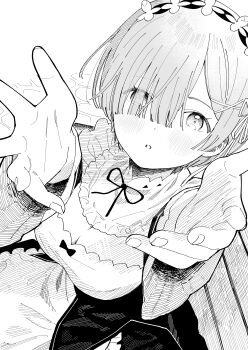 1girl absurdres blush bow breasts cleavage commentary greyscale hair_over_one_eye hair_ribbon highres large_breasts looking_at_viewer maid mameroku monochrome parted_lips re:zero_kara_hajimeru_isekai_seikatsu reaching reaching_towards_viewer rem_(re:zero) ribbon roswaal_mansion_maid_uniform short_hair sketch solo