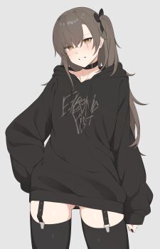 1girl absurdres alternate_costume black_collar black_hoodie black_nails black_thighhighs bright_pupils brown_eyes brown_hair clothes_writing collar commentary_request garter_straps girls&#039;_frontline grey_background grin highres hood hoodie looking_at_viewer no_panties onesie pussy pussy_peek re:1 scar scar_across_eye scar_on_face simple_background smile solo thighhighs ump45_(girls&#039;_frontline) white_mouth white_pupils