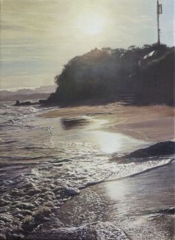 Rule 34 | absurdres, beach, commentary request, day, highres, hill, naohiro ito, no humans, original, painting (medium), photorealistic, realistic, scenery, shadow, shore, stairs, sunlight, traditional media, waves