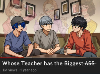 3boys 3girls amamiya_ren baseball_cap black_hair blue_hair blush brown_hair fake_screenshot grey_hair hat highres indoors is_fortnite_actually_overrated?_(meme) kashiwagi_noriko kawakami_sadayo meme multiple_boys multiple_girls narukami_yu neggoartz persona persona_3 persona_4 persona_5 see-through_body shirt sitting smile toriumi_isako yuuki_makoto_(persona_3)