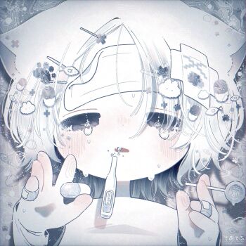 1girl animal_ear_fluff animal_ears bandaid bandaid_on_finger bandaid_on_hand blush cat_ears cold_pack crying digital_thermometer eyelashes fang grey_eyes hair_ornament hairclip hairpin highres holding holding_pill looking_at_viewer nose_blush open_mouth original pill sick solo square tenshi_kaiwai thermometer thk_41 upper_body