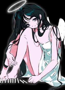 Rule 34 | 1girl, alien stage, angel wings, barefoot, black background, black hair, commentary, dominoes, dress, glowing, halo, hashtag-only commentary, head on knee, highres, knees up, lelebus, long hair, official alternate costume, official alternate hair length, official alternate hairstyle, purple eyes, sitting, sleeveless, sleeveless dress, solo, sua (alien stage), traditional halo, very long hair, white dress, white wings, wings