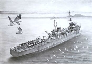 6+boys bird black-tailed_gull cannon clear_sky commentary_request depth_charge flock graphite_(medium) highres imperial_japanese_navy inagi_(escort_ship) jakee-sgn mast military_vehicle monochrome multiple_boys ocean original rising_sun_flag ship sky sunburst traditional_media vehicle_focus warship watercraft