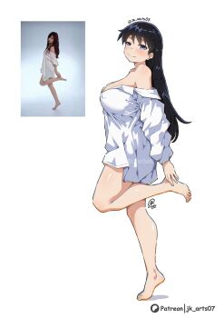 1girl arato_nagi artist_logo artist_name ass bare_legs bare_shoulders barefoot black_hair blue_eyes blush breasts clothes_down commentary_request covered_erect_nipples earrings east_asian feet from_side jewelry jk_arts large_breasts legs logo long_hair looking_at_viewer looking_back off_shoulder patreon_username photo-referenced reference_inset ruri_no_houseki shirt simple_background smile solo spanish_commentary standing standing_on_one_leg stud_earrings thighs tiptoes toes twitter_username very_long_hair white_background white_shirt