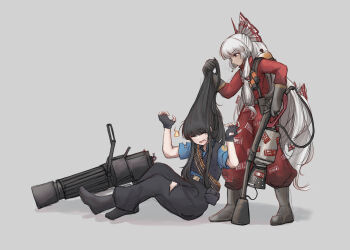 2girls absurdres bandolier belt black_hair black_pants blue_shirt bodysuit bow bullet cigarette closed_eyes commentary cosplay flamethrower fujiwara_no_mokou full_body gatling_gun grabbing_another&#039;s_hair grey_background hair_bow heavy_(tf2) heavy_(tf2)_(cosplay) highres holding holding_another&#039;s_hair holding_flamethrower holding_weapon houraisan_kaguya long_hair looking_at_another minigun multiple_girls multiple_hair_bows pants pyro_(tf2) pyro_(tf2)_(cosplay) red_bodysuit shirt simple_background team_fortress_2 there2007 touhou very_long_hair weapon white_bow white_hair