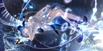 1girl absurdres armlet bare_legs blue_hair breasts dress hand_up heel-less_heels high_heel_sandals highres jewelry legs long_hair looking_at_viewer medium_breasts open-toe_shoes purple_eyes sandals shorekeeper_(wuthering_waves) sleeveless sleeveless_dress solo thighs toes white_dress wuthering_waves zelphal