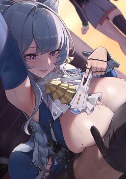 1boy 2girls absurdres arm_up armpit_crease ass belle_(zenless_zone_zero) belt black_shirt blue_dress blush breasts caught clothes_pull commentary cum cum_on_body cum_on_breasts cum_on_upper_body curvy detached_sleeves dress hair_intakes hasu_no_shiro highres huge_ass huge_breasts looking_at_another mole mole_on_breast mole_under_mouth multiple_girls paizuri pants pants_pull pointy_ears purple_eyes shirt skirt sweat sweatdrop thick_thighs thighs velina_airgid white_hair wise_(zenless_zone_zero) zenless_zone_zero