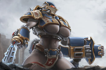 1girl arm_blade arm_cannon armor bodysuit bodysuit_under_clothes bolt_cannon breasts cannon cerastus_knight-castigator helmet highres imperial_knight little_sun mecha mecha_musume partially_submerged pauldrons pelvic_curtain personification power_sword robot shoulder_armor solo sword toned toned_female underboob warhammer_40k weapon
