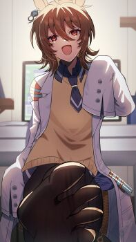 1girl :d agnes_tachyon_(umamusume) animal_ears black_pantyhose blurry blurry_background brown_hair coat collared_shirt commentary_request feet foot_focus foot_out_of_frame foreshortening hair_between_eyes hair_ornament hand_up highres horse_ears horse_girl kotou192 lab_coat looking_at_viewer medium_hair miniskirt no_shoes open_clothes open_coat open_mouth pantyhose presenting_own_foot red_eyes shirt sitting skirt sleeves_past_fingers sleeves_past_wrists smile soles solo spread_toes toes umamusume white_coat