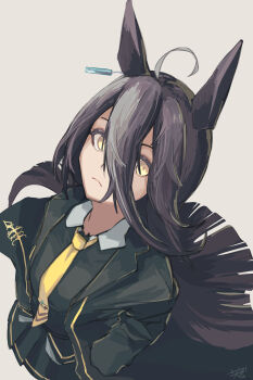 Rule 34 | 1girl, absurdres, ahoge, animal ears, black coat, black hair, black shirt, black skirt, closed mouth, coat, collared shirt, ear tag, earrings, hair between eyes, hands in pockets, highres, horse ears, horse girl, horse tail, jewelry, long bangs, long hair, long hair between eyes, long sleeves, looking at viewer, manhattan cafe (creeping black) (umamusume), manhattan cafe (umamusume), multicolored hair, necktie, sasami oishine, shirt, simple background, single earring, skirt, solo, tail, umamusume, very long hair, white hair, yellow eyes, yellow necktie