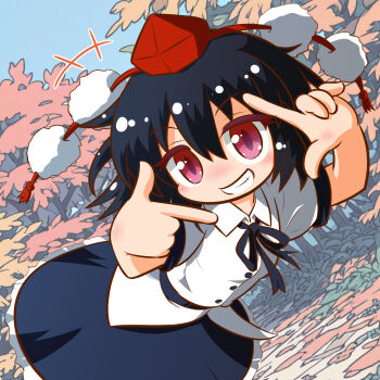 Rule 34 | +++, 1girl, black hair, black skirt, chibi, commentary request, hair between eyes, hat, highres, kajiya no masa, looking at viewer, one-hour drawing challenge, pink eyes, pom pom (clothes), red hat, shameimaru aya, shirt, short hair, skirt, smile, solo, teeth, tokin hat, touhou, white shirt