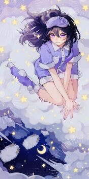 1girl absurdres black_hair blush chaki_aiha closed_mouth cloud collared_shirt commentary_request contrast_collar full_body fur-trimmed_shorts fur-trimmed_socks fur_trim hair_between_eyes highres long_hair night night_sky on_cloud original purple_eyes purple_shirt purple_shorts purple_socks shirt short_sleeves shorts sitting sky sleep_mask smile socks solo star_(symbol) wariza