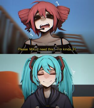 2girls absurdres black_hoodie black_nails closed_eyes closed_mouth controller drill_hair fangs fortnite game_controller hair_between_eyes hatsune_miku headphones highres holding holding_controller holding_game_controller hood hoodie ishowspeed_trying_not_to_laugh_(meme) kasane_teto long_hair meme mikuneki multiple_girls off-shoulder_shirt off_shoulder open_mouth red_eyes red_hair shirt sidelocks smile twin_drills twintails upper_body utau vocaloid