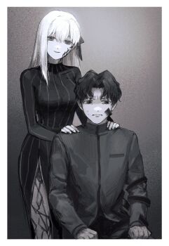 Rule 34 | 1boy, 1girl, black dress, body markings, bow, breasts, cherroppi, commentary request, dress, facial mark, fate/stay night, fate (series), frown, grimace, hair bow, hands on another's shoulders, hands on own knees, high collar, highres, jacket, korean commentary, long sleeves, looking at viewer, looking to the side, medium breasts, side slit, sideways glance, single sidelock, sitting, smile, standing, sweat, wavy hair