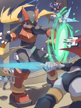 Rule 34 | 4boys, absurdres, armor, black armor, black eyes, blonde hair, clone, energy blade, helmet, hidden phantom (mega man), highres, holding, holding knife, holding shield, holding shuriken, holding weapon, knife, kunai, long hair, mega man (series), mega man zero (series), mega man zero 1, multiple boys, omochi (mochi skymega), red armor, red eyes, red helmet, red scarf, scarf, shield, shuriken, solo focus, standing, weapon, zero(z) (mega man), zero (mega man)