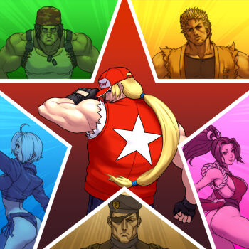 2girls angel_(kof) heidern highres japanese_clothes leather long_hair military_uniform multiple_girls ralf_jones ryou_sakazaki sakazaki_ryo shiranui_mai short_hair standing terry_bogard the_king_of_fighters thejiggeh