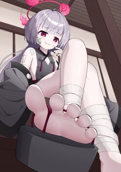 1girl absurdres bandages blue_archive blush crossed_legs feet geta grey_hair highres kap_t1n long_hair looking_at_viewer parted_lips red_eyes shuro_(blue_archive) smile soles toes