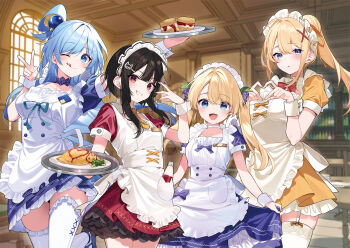 Rule 34 | 4girls, :d, :o, ;p, apron, aqua (konosuba), black hair, blonde hair, blue dress, blue eyes, blue hair, blush, ceiling, closed mouth, clothes lift, collared dress, commentary request, cream, darkness (konosuba), dress, food, food-themed hair ornament, food on face, grape hair ornament, grin, hair between eyes, hair ornament, hair rings, heart, heart hands, highres, holding, holding tray, indoors, iris (konosuba), kono subarashii sekai ni shukufuku wo!, long hair, looking at viewer, maid, maid apron, maid headdress, mayonnaise bottle, megumin, mishima kurone, multiple girls, omelet, omurice, one eye closed, open mouth, orange dress, pancake, ponytail, purple dress, red dress, second-party source, sidelocks, skirt, skirt lift, smile, sphere hair ornament, thighhighs, tongue, tongue out, tray, twintails, waitress, white apron, white thighhighs, window, wrist cuffs, x hair ornament