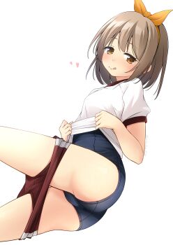 Rule 34 | 1girl, :q, ass, blue one-piece swimsuit, blush, bow, bow hairband, breasts, brown eyes, brown hair, buruma, buruma pull, closed mouth, clothes pull, commentary request, gym shirt, gym uniform, hair bow, hairband, heart, highres, one-piece swimsuit, orange bow, orange hairband, original, puffy short sleeves, puffy sleeves, red buruma, school swimsuit, shibacha, shirt, short sleeves, simple background, small breasts, solo, swimsuit, swimsuit under clothes, tongue, tongue out, white background, white shirt