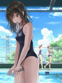 1boy 2girls accidental_pervert black_hair blue_male_swimwear blue_one-piece_swimsuit breasts brown_eyes cleft_of_venus clothes_pull competition_school_swimsuit cowboy_shot day female_pubic_hair goggles holding holding_goggles long_hair looking_down male_swimwear medium_breasts mouth_hold multiple_girls one-piece_swimsuit one-piece_swimsuit_pull original outdoors pool poolside pubic_hair pussy railing school_swimsuit swim_briefs swim_cap swimsuit tachiinu unworn_swim_cap utility_pole walking wet