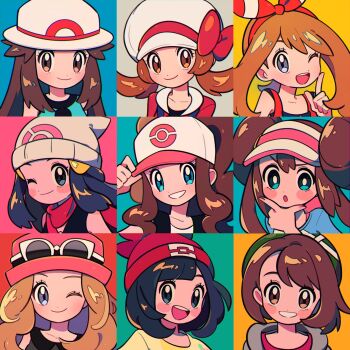6+girls beanie blonde_hair blue_eyes blue_hair brown_eyes brown_hair chueog dawn_(pokemon) gloria_(pokemon) grey_eyes hat highres hilda_(pokemon) leaf_(pokemon) lyra_(pokemon) may_(pokemon) multiple_girls nintendo pokemon pokemon_bw pokemon_bw2 pokemon_dppt pokemon_frlg pokemon_hgss pokemon_oras pokemon_sm pokemon_swsh pokemon_xy portrait rosa_(pokemon) selene_(pokemon) serena_(pokemon) white_hat