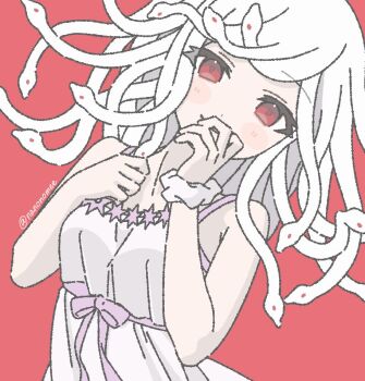 Rule 34 | 1girl, albino, arm scrunchie, armpit crease, bare shoulders, blush, chinese zodiac, closed mouth, commentary, dot nose, dress, eyelashes, hand on own chest, hand on own chin, limited palette, living hair, looking at viewer, monogatari (series), nanonome, parted bangs, pink background, purple ribbon, red eyes, ribbon, scrunchie, sengoku nadeko, simple background, smile, snake, snake hair, solo, twitter username, upper body, white dress, white scrunchie, white snake, year of the snake