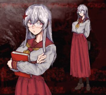 1girl bad_link belt black_socks blush book brown_shoes crossed_arms glasses hair_ornament hearts_of_iron highres holding holding_book hugging_object iaart1 loafers long_belt long_hair necktie red_belt red_eyes red_necktie red_star sailor_collar school_uniform serafuku shirt shoes socks solo soource:file_provided_by_artist star_(symbol) star_hair_ornament the_fire_rises the_long_march_(tfr) white_hair white_shirt yellow_sailor_collar