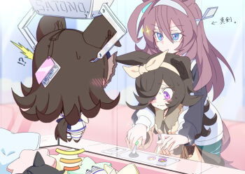 !? 2girls ahoge animal_ears arrow_(symbol) black_hair blue_eyes blush brown_hair character_doll commentary_request controller crane_game doll hair_over_one_eye hairband highres horse_ears horse_tail joystick kuman_bachi long_hair mihono_bourbon_(umamusume) multiple_girls purple_eyes rice_shower_(umamusume) tail translation_request umamusume wavy_mouth