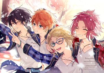 4boys akehoshi_subaru bangs_pinned_back black_hair blonde_hair blue-framed_eyewear blue_eyes blue_jacket closed_eyes commentary ensemble_stars! glasses green_eyes hair_between_eyes hand_on_another&#039;s_head hidaka_hokuto highres isara_mao jacket long_sleeves multiple_boys one_eye_closed open_clothes open_jacket open_mouth orange_hair outstretched_arm red_hair red_jacket shirt smile syerii trickstar_(ensemble_stars!) upper_body v white_shirt yuuki_makoto_(ensemble_stars!)