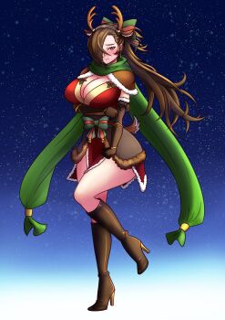 1girl alternate_costume animal_ears antlers blush boots breasts brown_hair christmas cleavage deer_ears embarrassed fake_animal_ears fake_antlers female_focus fire_emblem fire_emblem_fates full_body hair_over_one_eye hairband high_heel_boots high_heels horns kagero_(fire_emblem) large_breasts long_hair nintendo ponytail reindeer_antlers solo