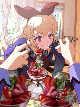 3girls aikatsu! aikatsu!_(series) blonde_hair blue_jacket cup curtains day door eating feeding food food_on_face fruit hashtag-only_commentary highres holding holding_spoon hoshimiya_ichigo ice_cream indoors jacket kiriya_aoi long_hair multiple_girls neck_ribbon out_of_frame pov pov_hands red_eyes red_ribbon ribbon school_uniform shibuki_ran shichiko_(kerori) shirt smile solo_focus spoon starlight_academy_school_uniform strawberry sundae upper_body white_shirt winter_uniform