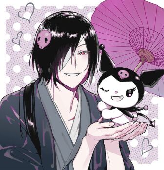 1boy 1girl bandage_over_one_eye black_hair commentary_request folded_twintails heart holding holding_umbrella japanese_clothes kichigo_1218 kuromi long_hair looking_at_viewer matoba_seiji natsume_yuujinchou oil-paper_umbrella one_eye_closed red_eyes sanrio smile umbrella