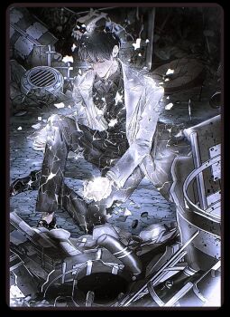 1boy black_hair black_shirt closed_eyes coat collared_shirt debris full_body highres kim_dokja knee_up lightning male_focus omniscient_reader&#039;s_viewpoint open_clothes open_coat outdoors shirt short_hair sitting sky solo space star_(sky) starry_sky torn_clothes toupou39 white_coat