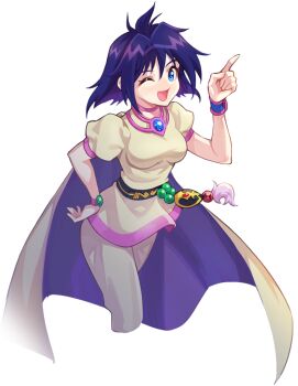 1girl ;d amelia_wil_tesla_seyruun artist_request belt black_belt blue_eyes blue_gemstone breasts cape choker eyelashes gem green_gemstone hand_on_own_hip looking_at_viewer medium_breasts medium_hair narrow_waist nexon official_art one_eye_closed open_mouth pants pink_choker pointing pointing_up puffy_short_sleeves puffy_sleeves purple_cape purple_hair red_gemstone second-party_source shirt short_sleeves simple_background slayers smile solo tales_weaver transparent_background two-sided_cape two-sided_fabric wristband yellow_cape yellow_pants yellow_shirt