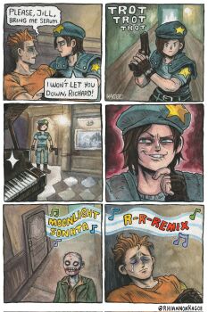 1boy artist_name beret blue_eyes blue_hat blue_shirt brown_hair commentary english_commentary gun handgun hat highres holding holding_gun holding_weapon instrument jill_valentine musical_note piano resident_evil resident_evil_1 rhiannon_kagoe richard_aiken shirt shoulder_pads smirk speech_bubble sweatdrop weapon zombie