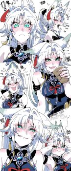 1girl :3 :d animal_ear_fluff animal_ears arm_behind_head ayunyan_pere biting_own_lip black_shirt blue_eyes blush breasts closed_eyes closed_mouth commentary cup drooling drunk embarrassed eyeshadow fangs feixiao_(honkai:_star_rail) forehead_jewel fox_ears fox_girl frown hair_ornament hands_on_own_head high_collar high_ponytail highres holding holding_cup honkai:_star_rail honkai_(series) large_breasts laughing long_hair makeup mandarin_collar mouth_drool multiple_expressions multiple_views open_mouth parted_bangs ponytail red_eyeshadow shirt simple_background sleeveless sleeveless_shirt smile solo_focus sweat tassel tassel_hair_ornament tearing_up white_background white_hair