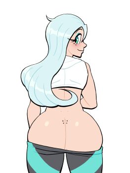 1girl absurdres alternate_color ass back blue_hair blush borrowed_character butt_crack cassette_(sayman) clothes_pull commission cropped_hoodie cropped_jacket dimples_of_venus from_behind green_eyes highres hood hoodie huge_ass looking_at_viewer looking_back lovetopullmicke mole mole_on_ass mole_on_cheek mooning no_panties original pants pants_pull shiny_skin smile solo thick_thighs thighs white_background wide_hips