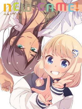 2girls :d ahagon_umiko arm_up blonde_hair blue_eyes blush breasts brown_hair chuutaro_metal commentary copyright_name dark-skinned_female dark_skin double_v fingernails green_eyes grin hair_bobbles hair_ornament hands_up long_hair looking_at_viewer medium_breasts medium_hair multiple_girls new_game! open_clothes open_mouth open_shirt parted_bangs sakura_nene shark_hair_ornament shirt sidelocks simple_background sleeves_past_wrists smile swept_bangs tareme thick_eyebrows upper_body v v-shaped_eyebrows white_background white_shirt