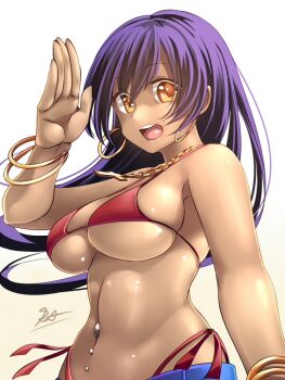 1girl bikini bracelet chain commentary_request cowboy_shot earrings gold_chain hoop_earrings jewelry long_hair navel_piercing orange_eyes original piercing purple_hair red_bikini skindentation string_bikini swimsuit white_background yukiharareikiri