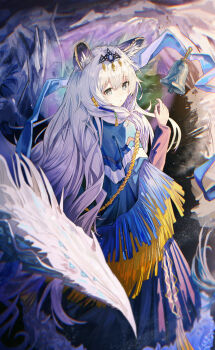1girl absurdres animal_ear_fluff arknights bell bright_pupils closed_mouth commentary fur_trim hair_ornament highres long_hair long_sleeves looking_at_viewer looking_back pramanix_(arknights) saraph_se_la snow_leopard_ears snow_leopard_girl solo tiara very_long_hair white_hair