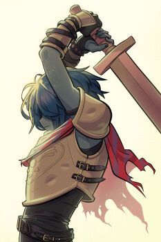 1other angusburgers arms_up blue_hair blue_skin colored_skin commentary cuirass deltarune english_commentary highres holding holding_sword holding_weapon kris_(dark_world)_(deltarune) kris_(deltarune) scarf short_hair simple_background skinny solo sword torn_clothes torn_scarf upper_body utdr_(toby_fox) weapon