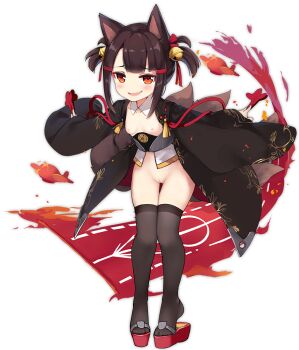 1girl akagi-chan_(azur_lane) animal_ears azur_lane bell black_thighhighs blush breasts cat_ears female_focus full_body hair_bell hair_ornament lengku_de_gai_tu_(shejing)_jiqi loli looking_at_viewer navel open_mouth plane pussy small_breasts solo standing thighhighs tiptoes transparent_background uncensored