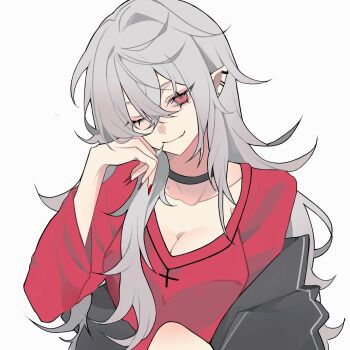 1girl ;) arm_out_of_sleeve black_choker black_jacket breasts choker cleavage closed_mouth collarbone cross cross_print ear_piercing fang fingernails genderswap genderswap_(mtf) hair_between_eyes hand_on_own_cheek hand_on_own_face highres jacket large_breasts long_fingernails long_hair looking_at_viewer maplee_95 mole mole_on_collarbone mole_under_eye nail_polish nijisanji off_shoulder one_eye_closed partially_unzipped piercing pointy_ears red_eyes red_nails red_shirt sanya_(2nd_costume)_(kuzuha) sanya_(kuzuha) shirt sidelocks simple_background skin_fang smile solo three-quarter_sleeves track_jacket upper_body v-neck virtual_youtuber wavy_hair white_background white_hair