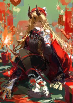 Rule 34 | 1girl, absurdres, arknights, black horns, black vest, blonde hair, breasts, cape, gift, green eyes, hand up, highres, horns, laoshi wo hao e, long hair, looking at viewer, official alternate costume, pink pupils, red cape, reed (arknights), reed the flame shadow (arknights), reed the flame shadow (glowing flame in the night) (arknights), shoes, sweater, very long hair, vest, white shoes, white sweater