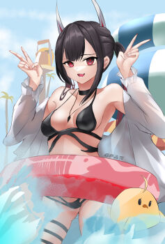 1girl azur_lane bikini black_bikini black_choker black_hair breasts choker colored_inner_hair commentary double_v hatsuzuki_(august&#039;s_first_romance)_(azur_lane) hatsuzuki_(azur_lane) highres horns innertube long_hair looking_at_viewer manjuu_(azur_lane) multi-strapped_bikini_bottom multicolored_hair multiple_thigh_straps navel official_alternate_costume open_mouth red_eyes red_hair shiroiopan small_breasts solo swim_ring swimsuit thigh_strap twintails two-tone_hair v waterpark white_horns