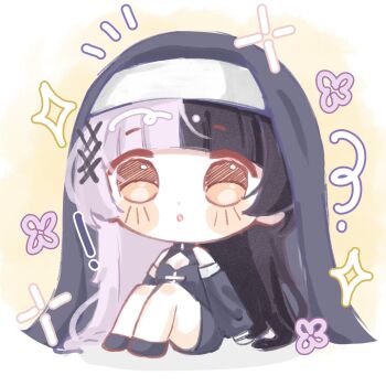 ! 1girl :o alternate_costume black_dress black_hair black_shoes black_sleeves black_veil blunt_bangs blush_stickers chibi commentary detached_sleeves dot_nose dress enigmatic_recollection grey_hair hair_ornament highres hololive hololive_english knees_up long_hair looking_at_viewer multicolored_hair notice_lines nun parted_lips shiori_novella shoes sitting solo split-color_hair suchikunn two-tone_hair veil very_long_hair virtual_youtuber yellow_eyes